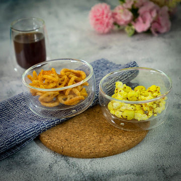 Borosilicate Glass Groovy Soup Bowls, Insulated Double Wall Glass transparent, Bowls for Kitchen, Microwave Safe, Perfect for Hot and Cold Foods, Salad, Fruit, Round Dessert Serving Bowl - 300 ml, Pack of 2